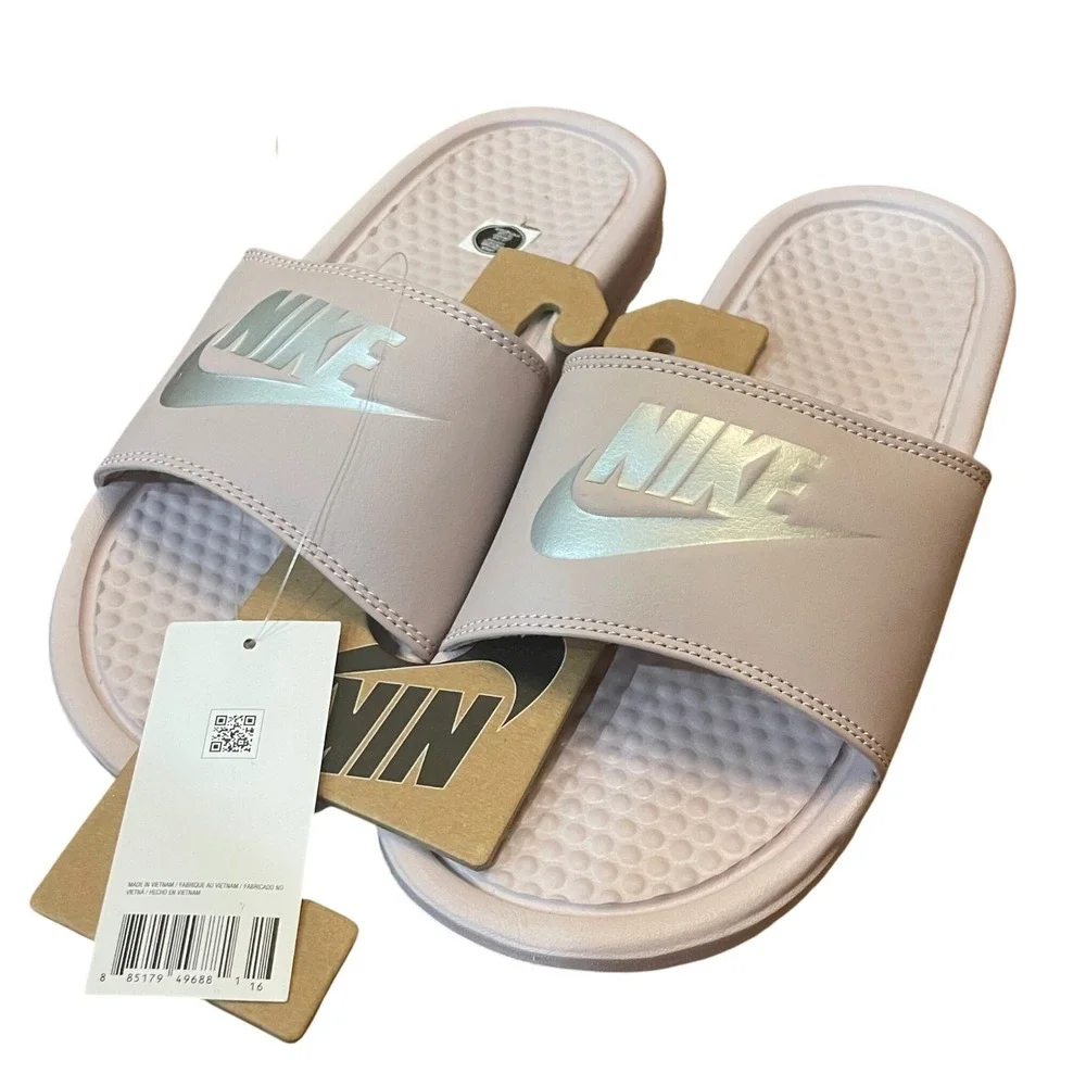 Nike Benassi JDI Slides Womens Pink Particle Rose Metallic Silver Size 7